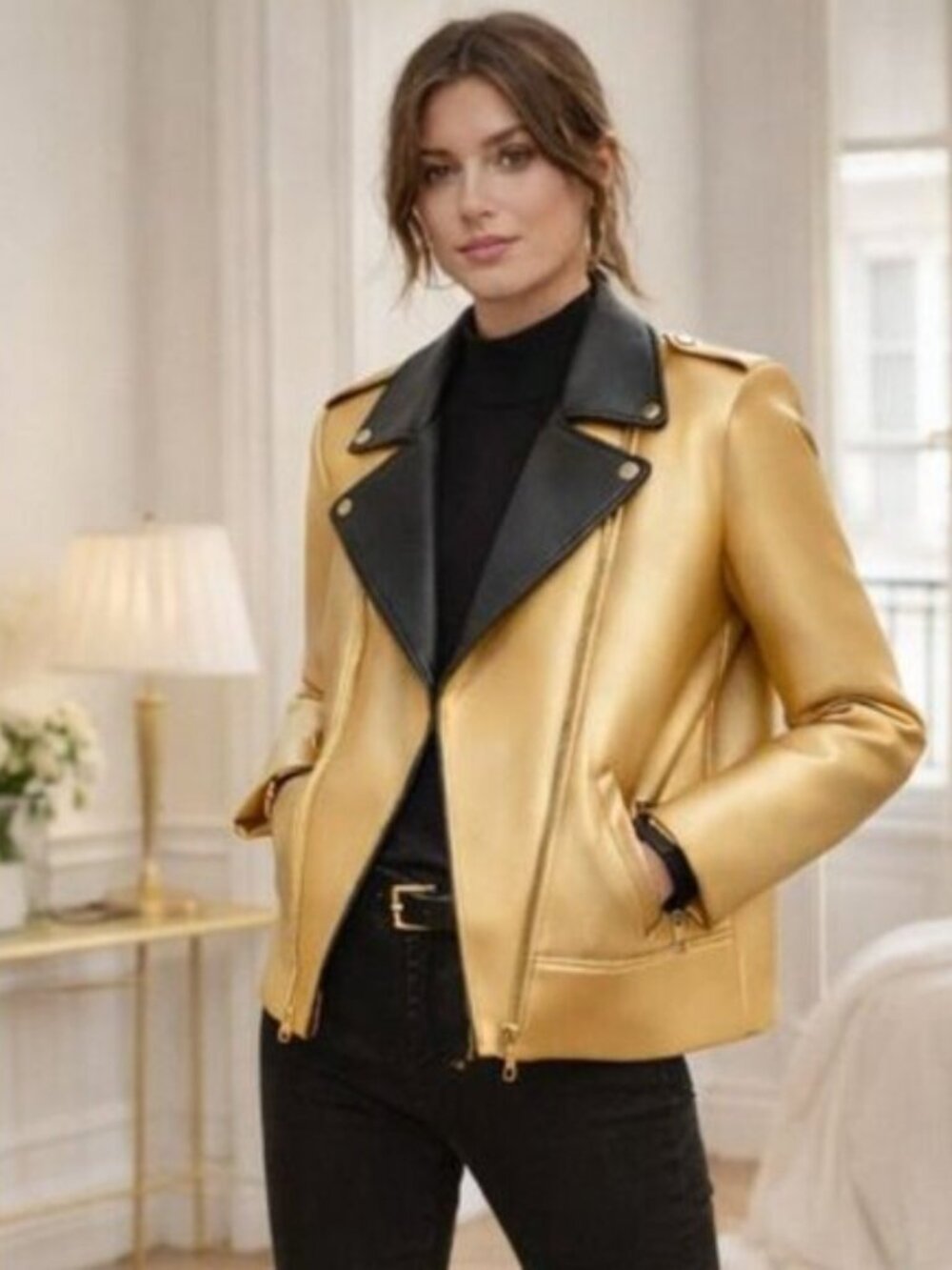 Armani Exchange A|X Metallic Gold Moto Blouson Jacket Women's XS 6ZYB53 YNFTZ